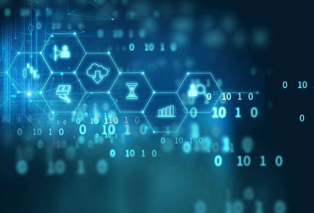 algorithms, blue background and binary numbers with symbols inside hexagons indicating a concept of blockchain